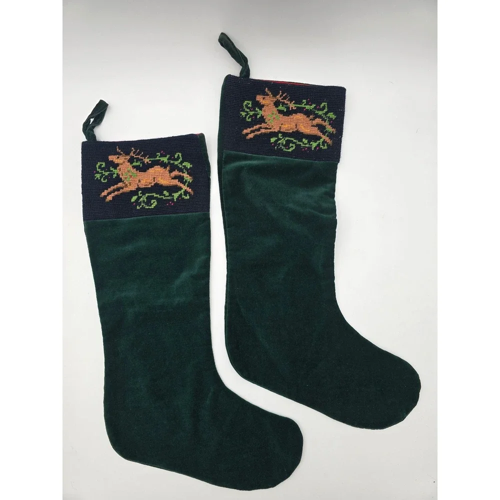 Vtg Midwest of Cannon Falls Christmas Stockings Velvet Reindeer Needlepoint 2 pc